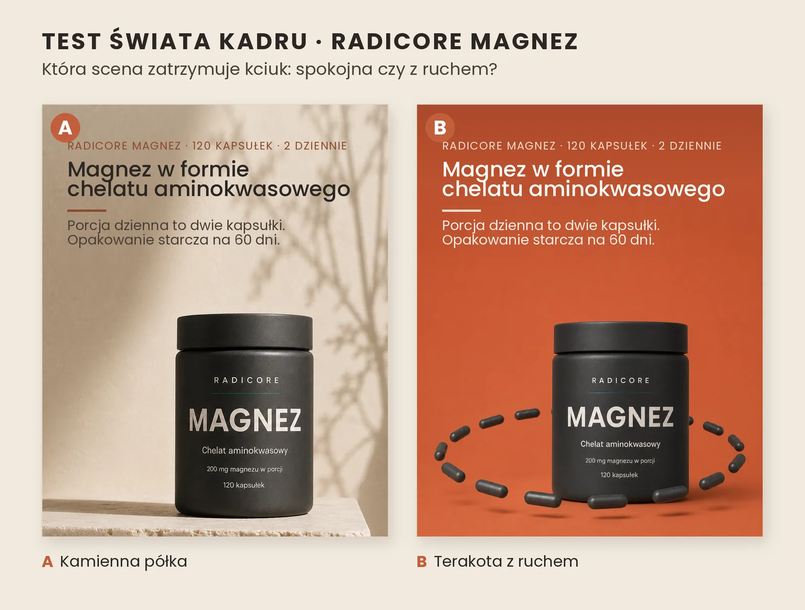 Test świata kadru - Radicore Magnez: kamienna półka vs terakota z ruchem
